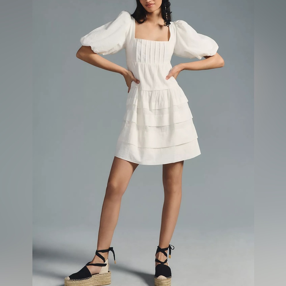 Anthropologie Square-Neck Puff-Sleeve Tiered Dress in white cotton - Size L